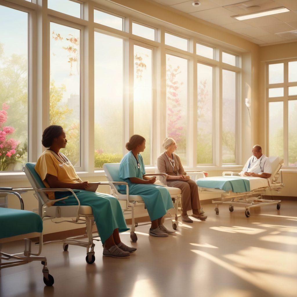 An uplifting and serene hospital scene, showcasing a diverse group of patients receiving care, interacting with compassionate healthcare professionals, surrounded by symbols of hope like blooming flowers and motivational quotes. Soft light filters through large windows, creating a warm atmosphere. Include subtle graphics of digital resources like tablets and brochures in the background. super-realistic. vibrant colors. soft lighting.